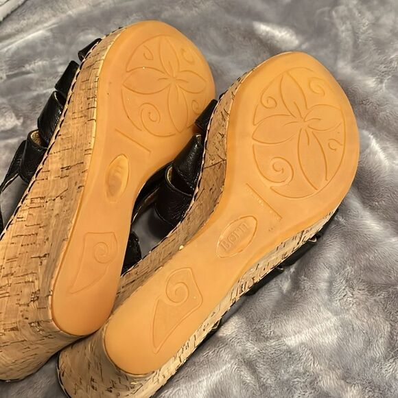 Born Morena Black Shiny Leather Cork Platform Wedge Slides Sandals - Picture 8 of 9